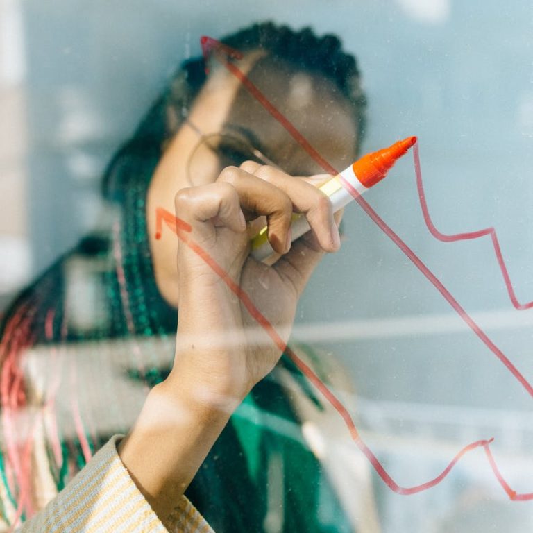woman in a beige coat writing on a glass panel using a whiteboard marker